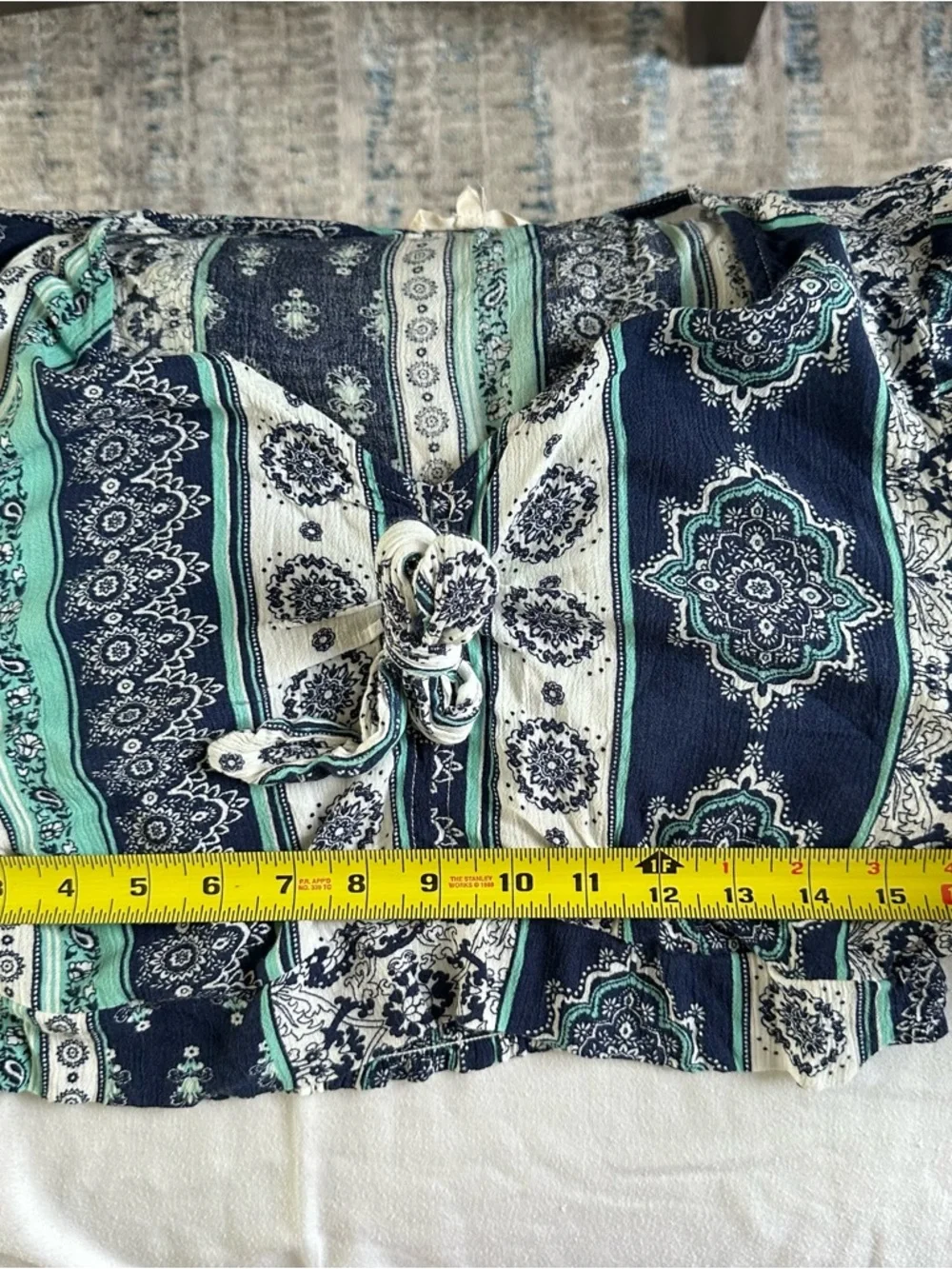 Le Lis Boho Tie Front Crop Top Medium Navy Teal Bell Sleeve - Picture 12 of 14